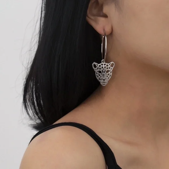 Any 3/$25! Silver Hoops w/Laser Cut Tiger Pendant Earrings - Picture 4 of 7